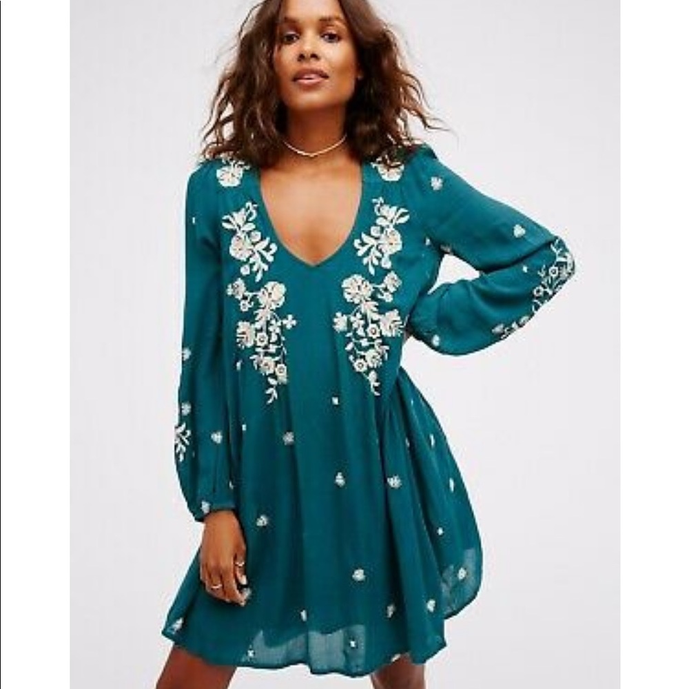 NWT Free People Sweet Tennessee Embroidered Mini Swing Dress Teal Green Size S